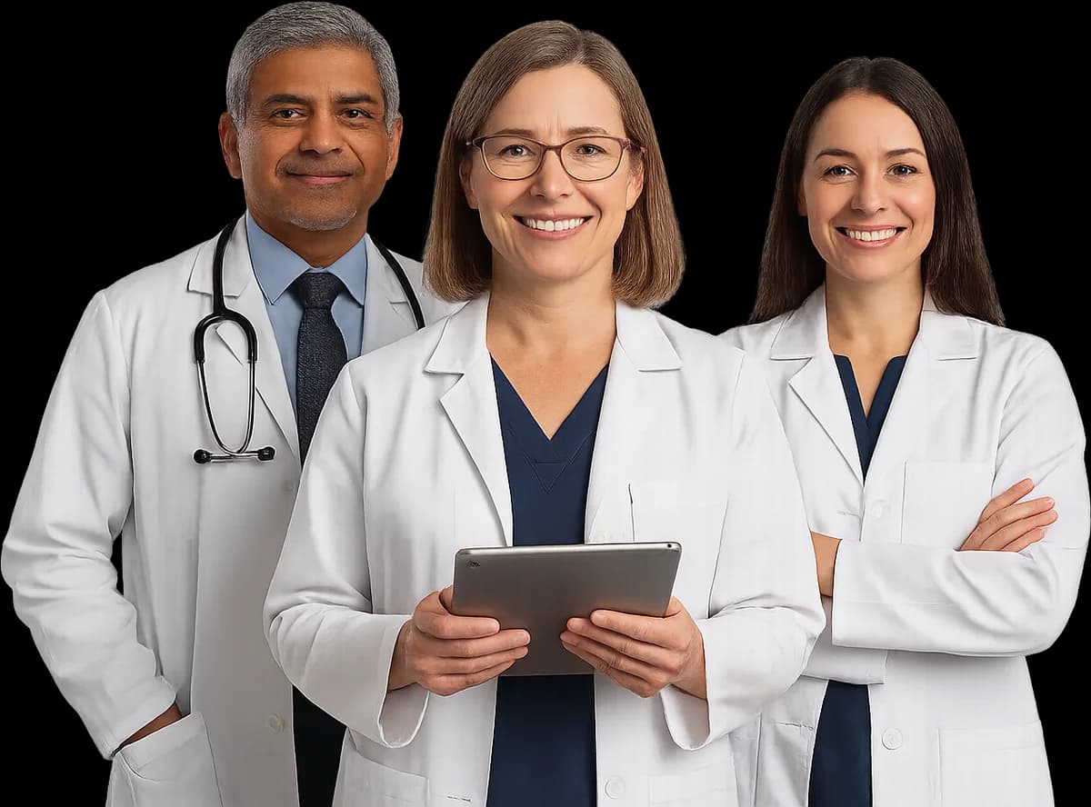 Trois médecins de Radiology Experts — deux femmes et un homme en sarrau