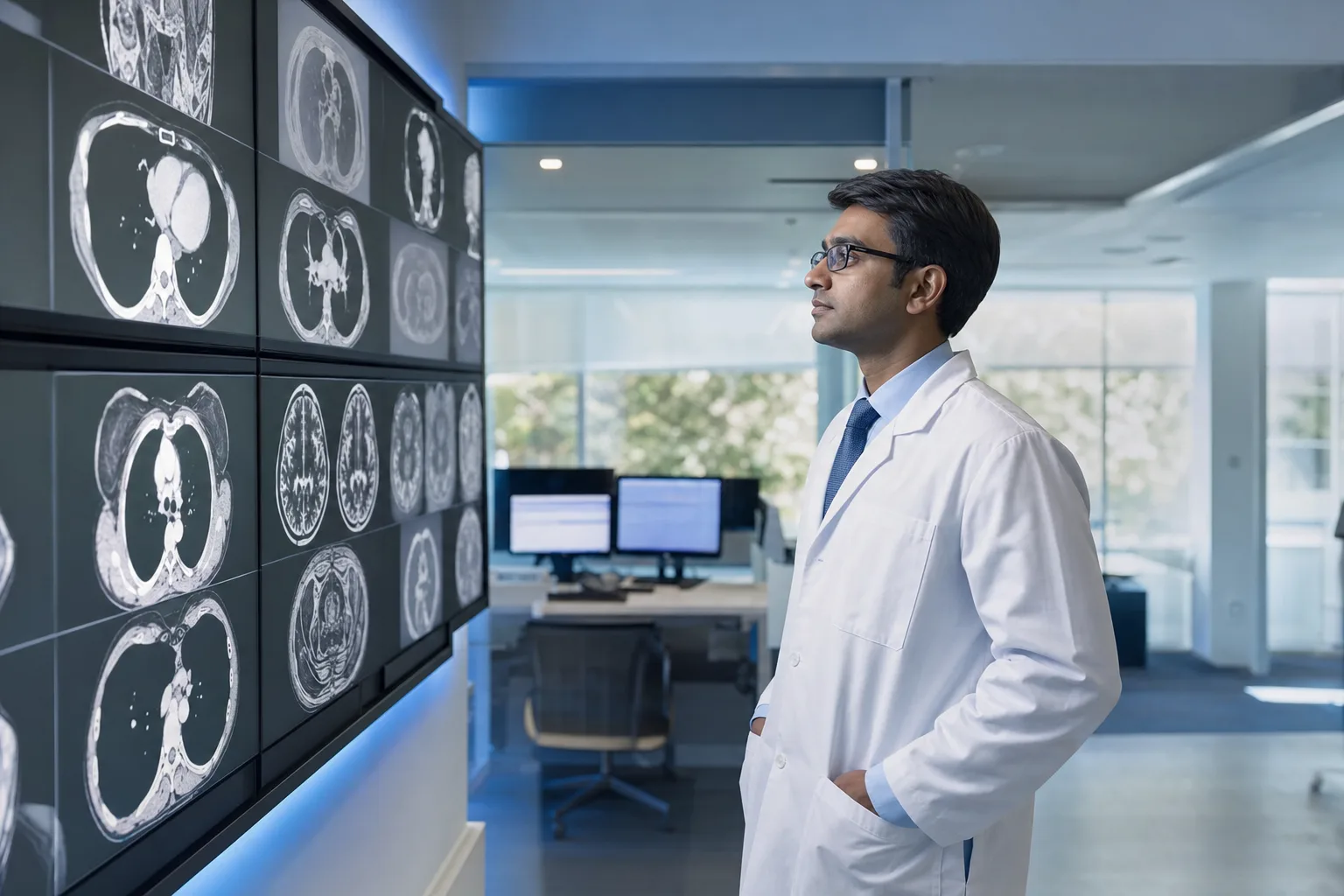 Un radiologiste examinant attentivement des images de tomodensitométrie et d'IRM sur un mur d'écrans