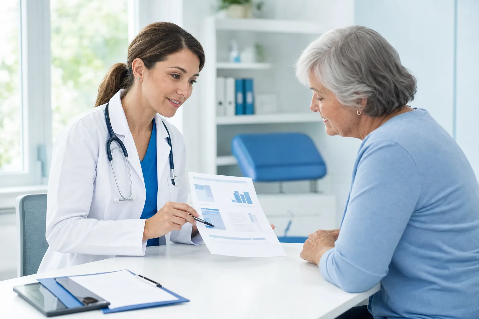 Un médecin expliquant un rapport écrit à un patient âgé à son bureau